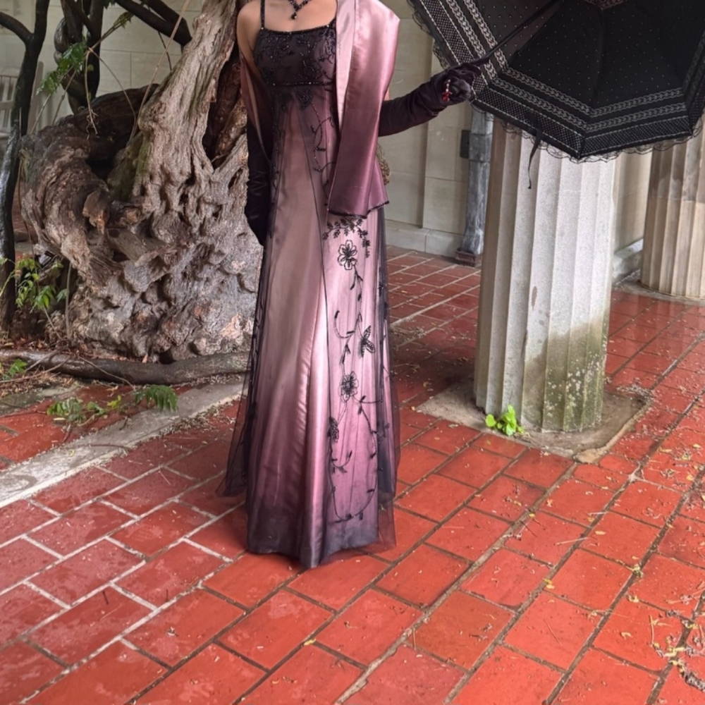 90s Vintage Purple Ombre Beaded Prom Dress with Black Overlay